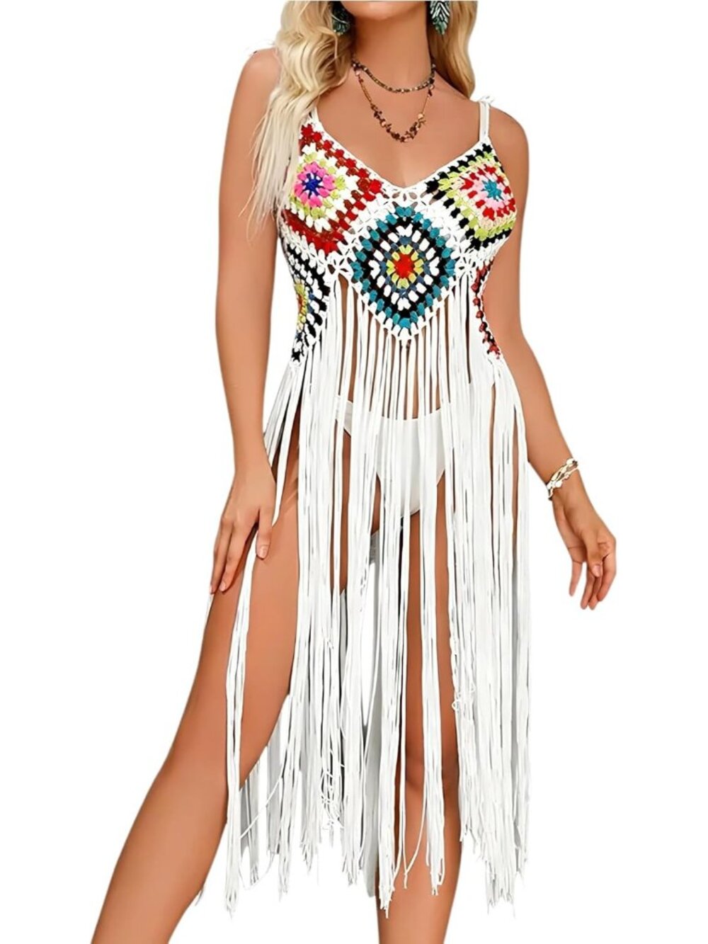 Women's White Handmade Boho Acrylic Crochet Fringe Bikini Swimsuit Cover UPS